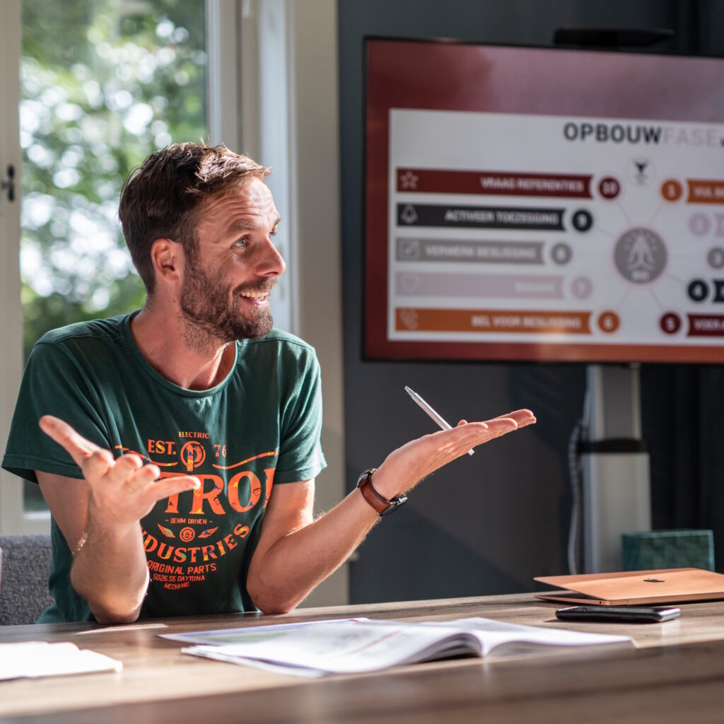 Manna Michiel home Trainer Michiel op de voorgrond stappenplan op de achtergrond